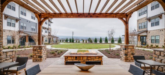 Everlan Hixson Chattanooga, TN designed by DKLEVY patio fireplace outdoor seating view courtyard