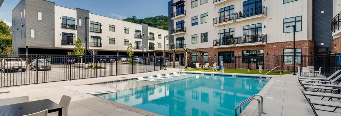 View of the pool area at City South multifamily apartment complex in Knoxville, TN