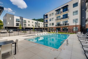 View of the pool area at City South multifamily apartment complex in Knoxville, TN